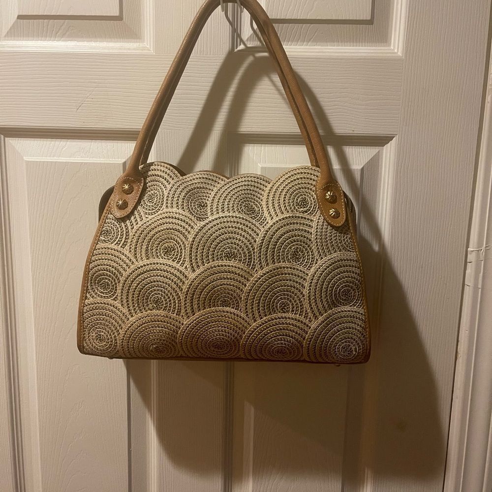ERIC JAVITS NY Natural Rafia Woven & tan leather straps & Trims Shoulder Bag